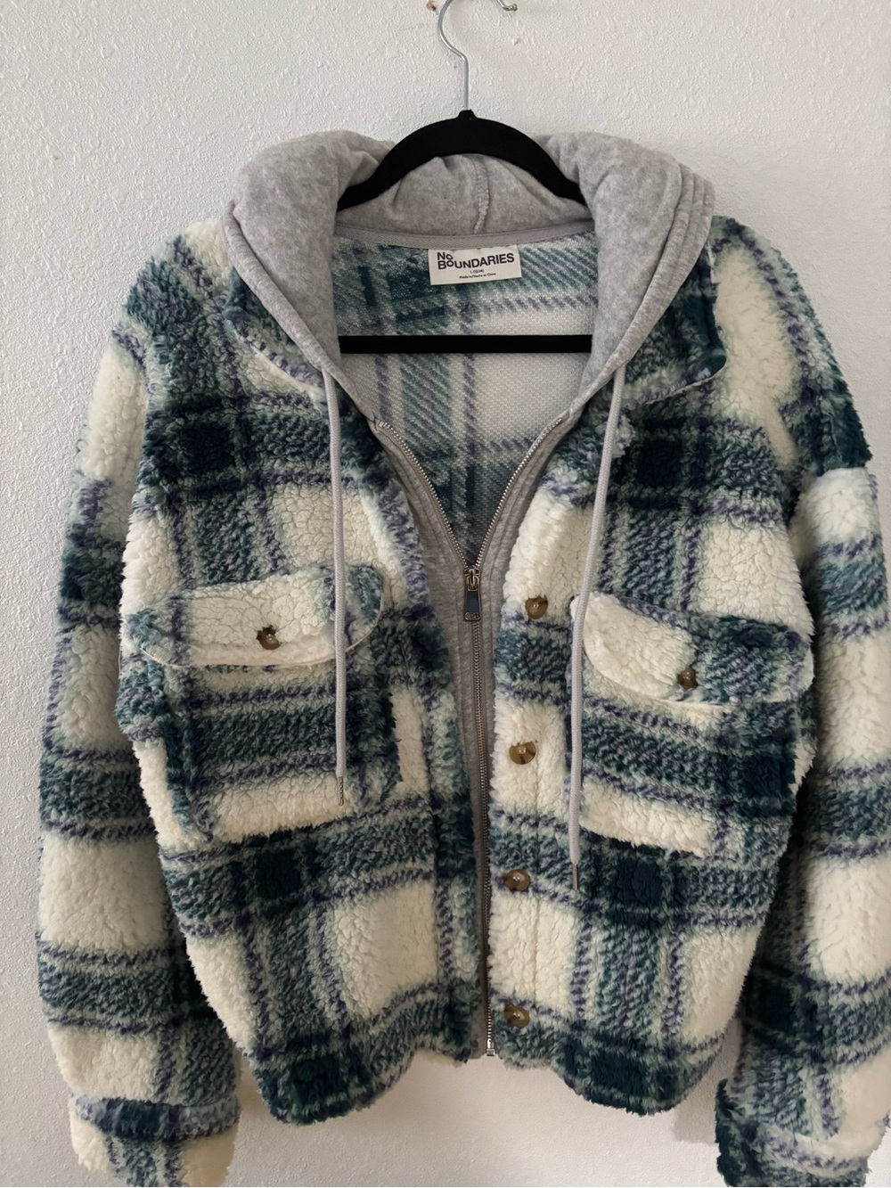 No Boundaries Cream and Green Plaid Sherpa Hoodie Jacket